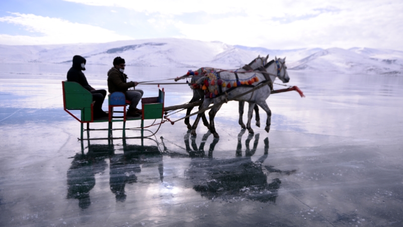 Çıldır Gölü'nün atlı kızakçıları da kar hasreti çekiyor